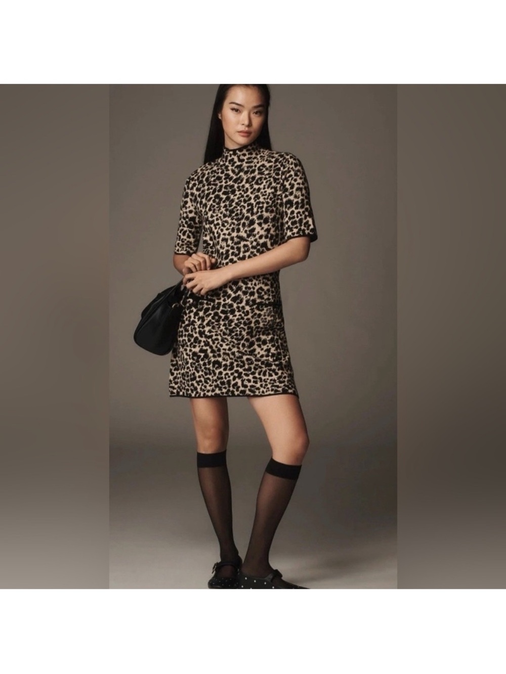 Anthropologie Leopard-Print Mock Neck Mini Dress - Beige, Black